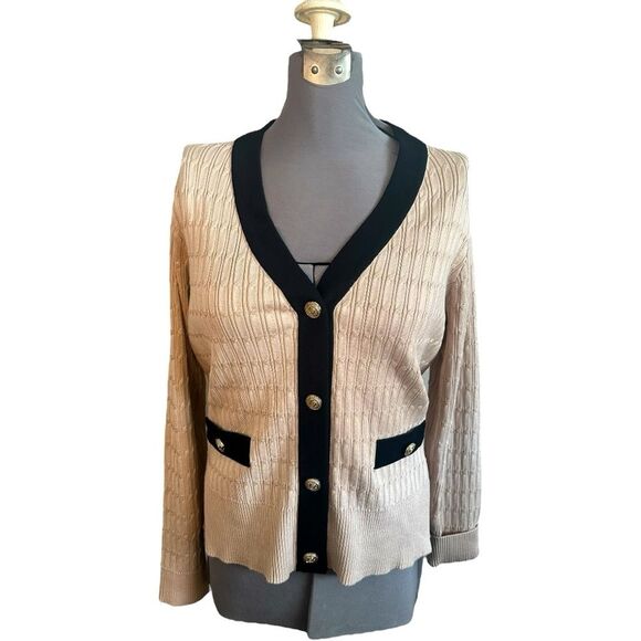 Adrianna Papell Textured Knit Cardigan Sweater Brown/Black Gold Buttons – Size L - Picture 1 of 10